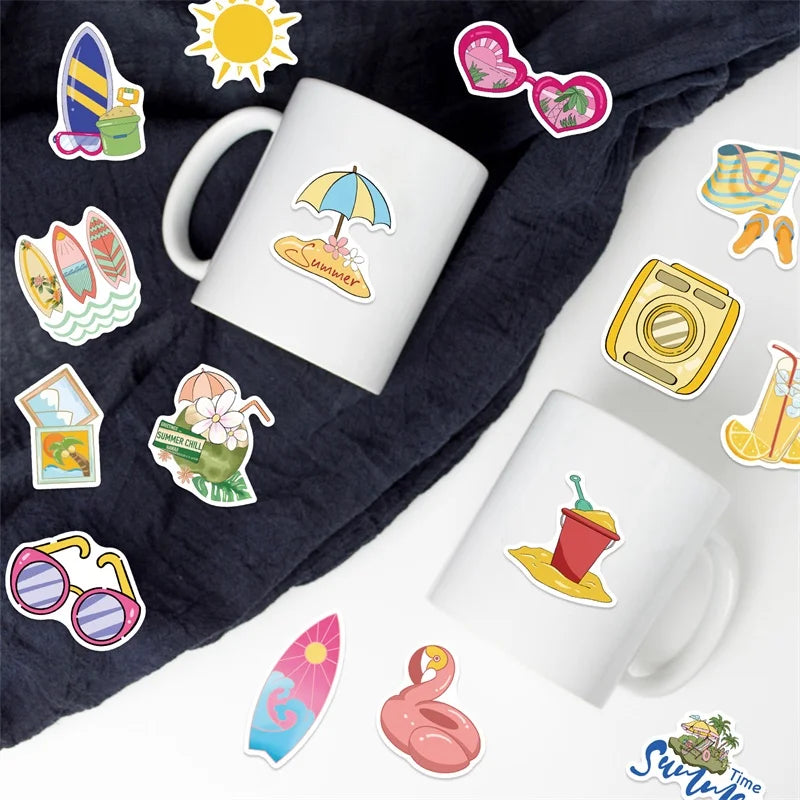 10/30/50PCS Pink Happy Summer PVC Sticky Sticker Aesthetic DIY Decoration Scrapbooking Children's School Supplies
