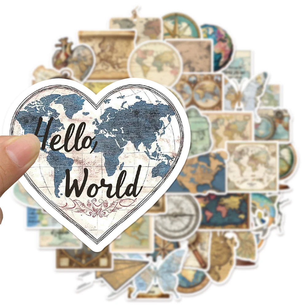 50PCS Retro Map Stickers Decorative DIY Creative Phone Cases, Laptop Cups, Speakers, Toy Stickers
