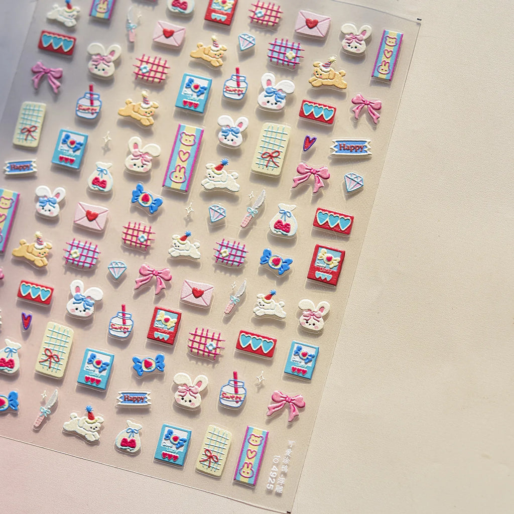 Cute Graffiti Nails Sticker 3D Simple Cat Claw Rabbit Bear Dog Flower Lovely Animal Fruit Adhesive 5D Embossed Nail Art Stickers