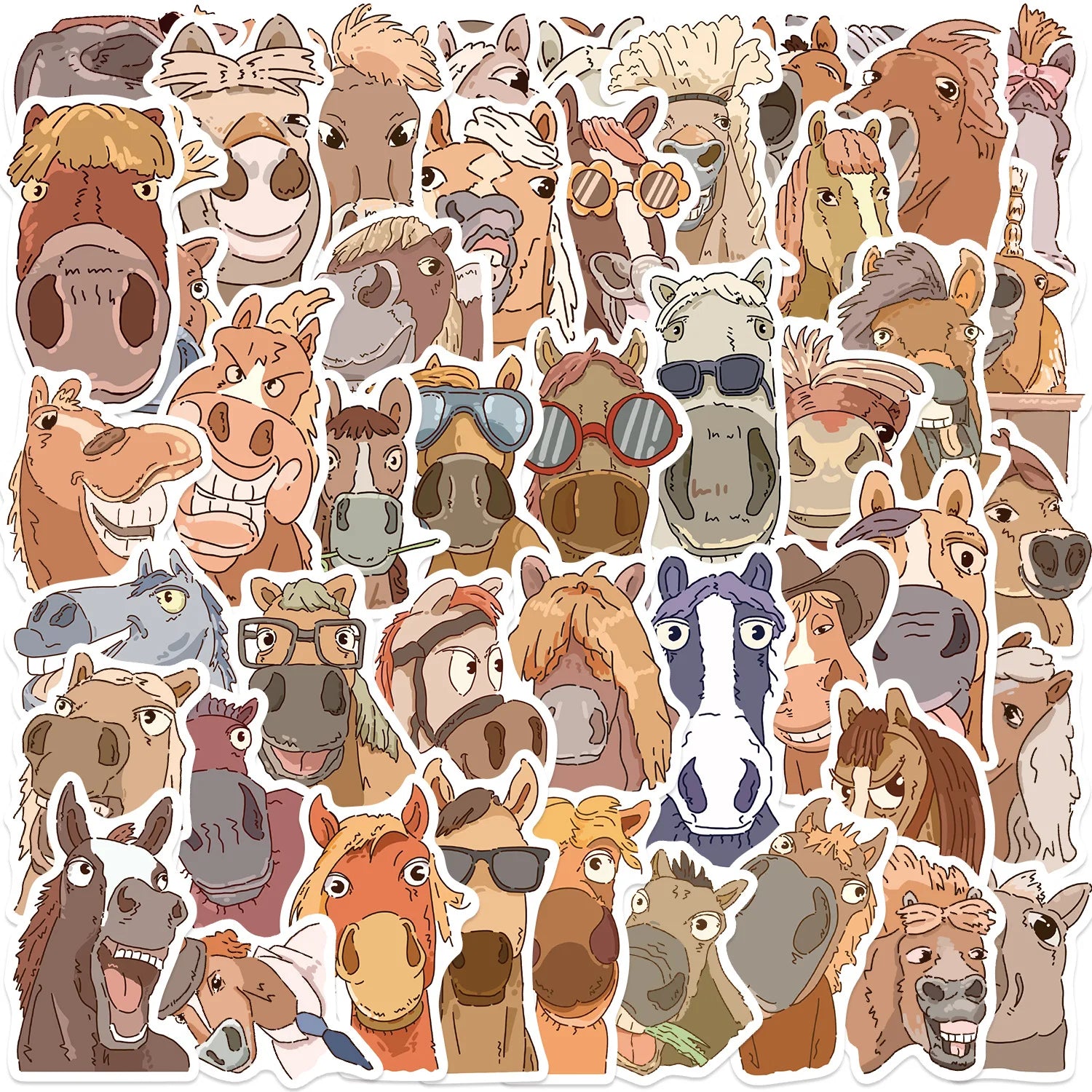 50/100PCS Cartoon Horse Funny Face Doodle Stickers, Waterproof DIY Decals for Guitar Notebook Suitcase Kids Stationery