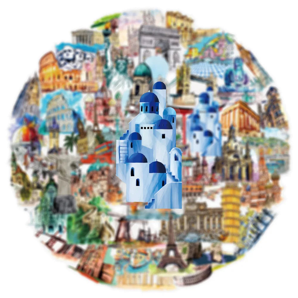 50PCS Transparent PET Travel World Tandmark Building Stickers for Luggage Phone Computer Guitar Waterproof Stationary Stickers
