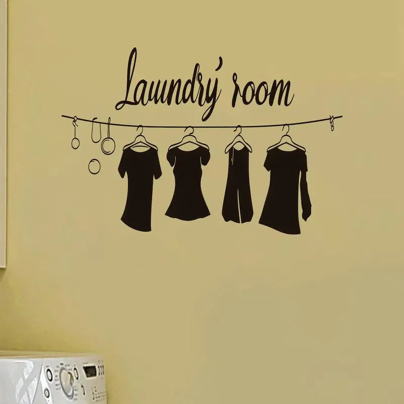 Black 'Laundry Room' Wall Decal with Clothes Hanging Design - Removable, Reusable Sticker for Kitchen & Living Room Decor, Moder