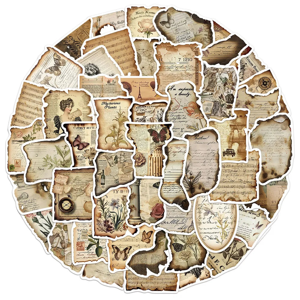 50PCS Vintage Burnt Paper Decorative Stickers DIY Scrapbook Phone Case Laptop Tablet Toy Decorative Stickers