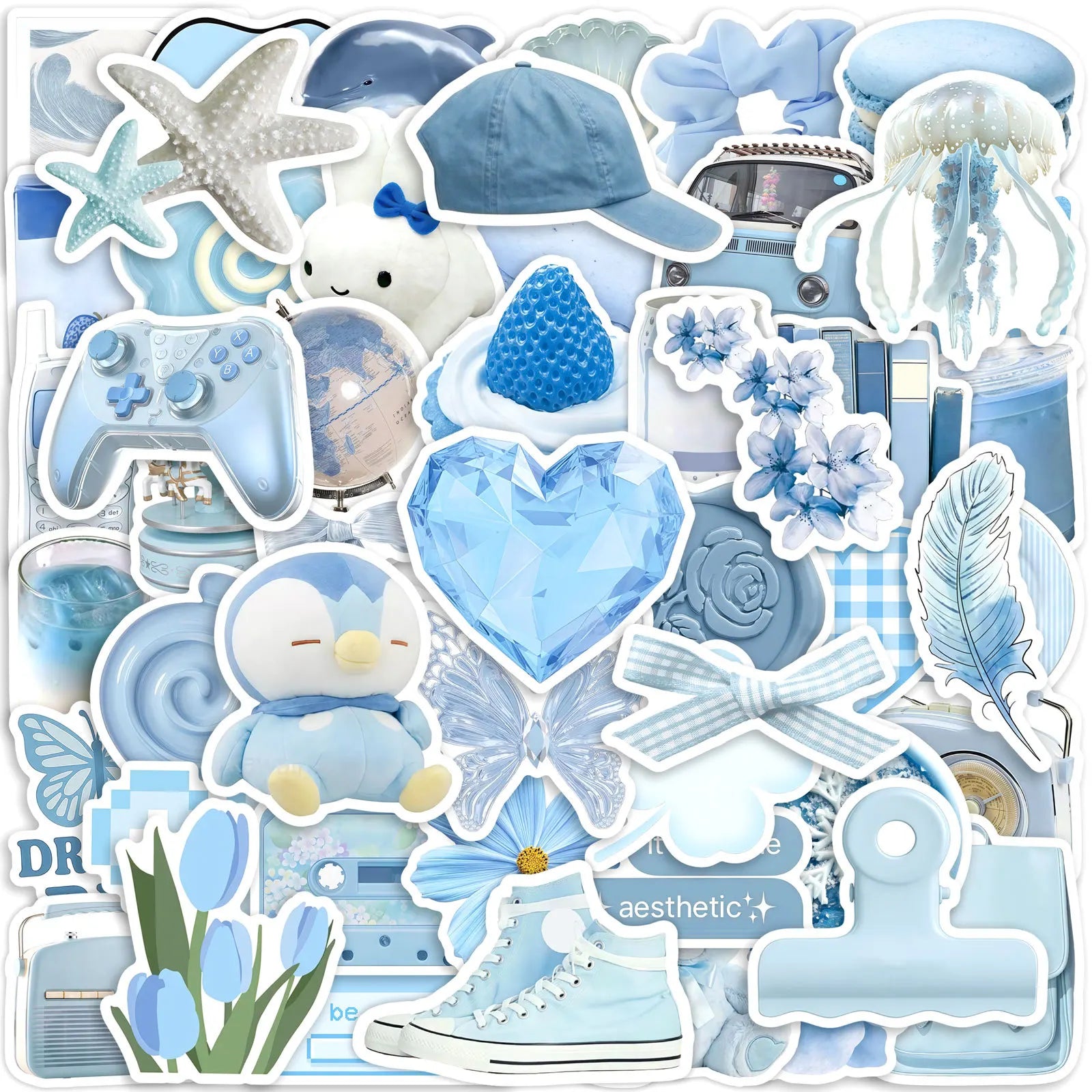 50/100 Pcs Ins Style Light Blue Theme Stickers DIY for Scrapbook Helmet Car Window Diary Guitar Waterproof Decals