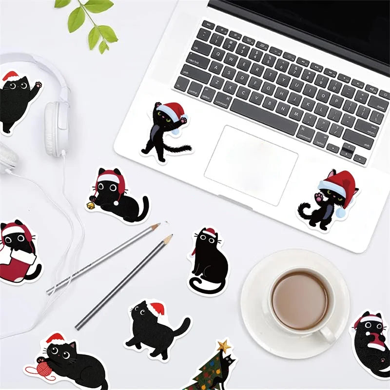 10/30/50PCS Kawaii Christmas Black Cat PVC Sticky Sticker Aesthetic DIY Children's Decoration Scrapbooking School Supplies