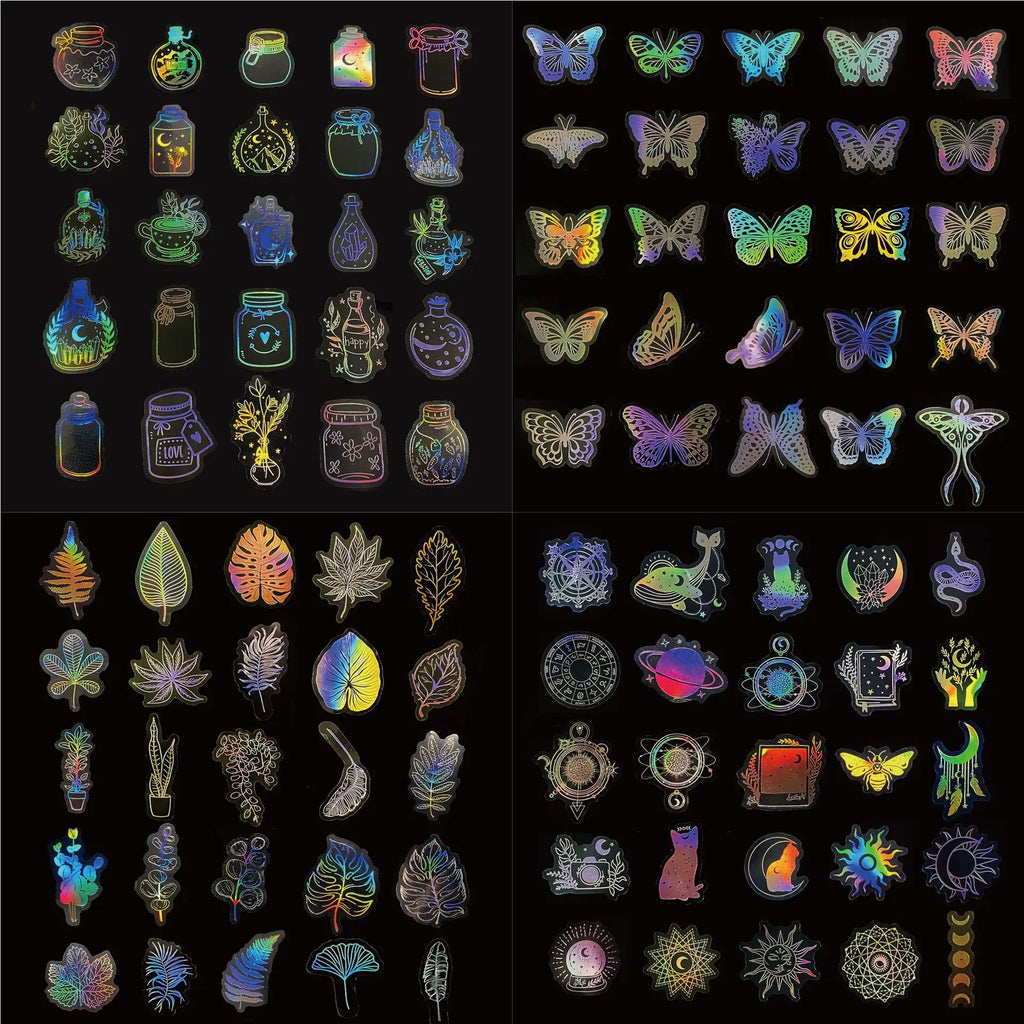 50PCS Holographic Laser Stickers Transparent Retro DIY Decoration Sparkling Creative Handmade Stationery PET Sticker Pack