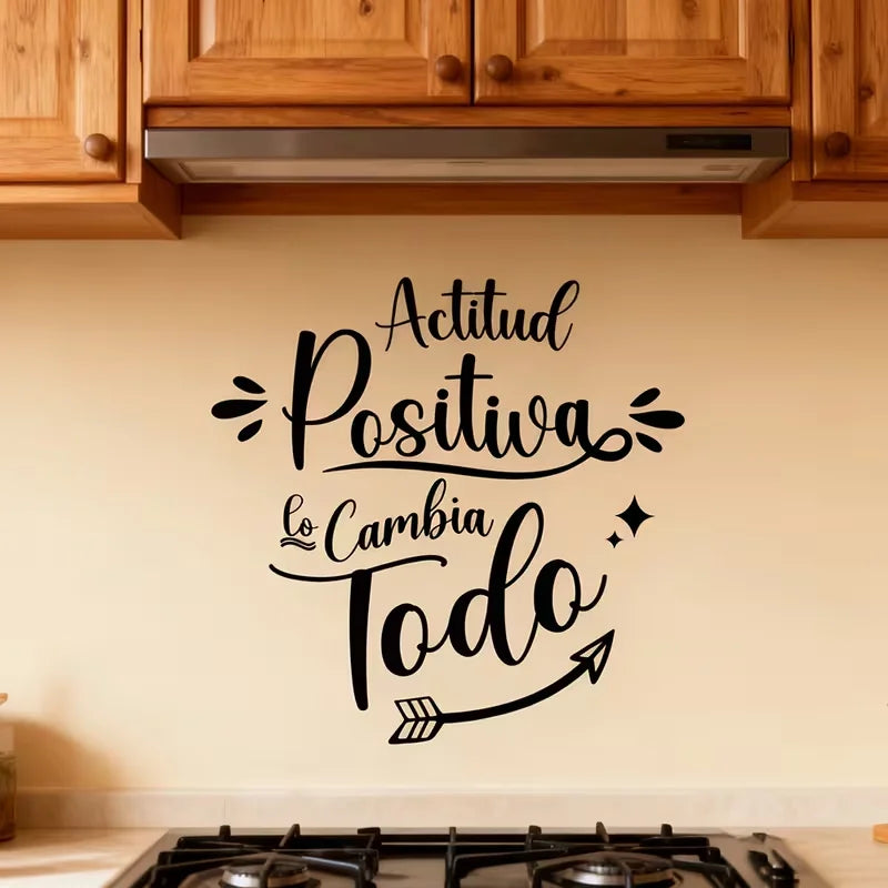 Inspirational "Positive Attitude" Kitchen Wall Sticker, Motivational Spanish Quotes Decorative Sticker, Vibrant Spring Atmospher