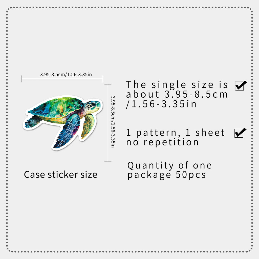 50-Pack Turtle Cartoon Ocean Animal Art Graffiti Waterproof Stickers for Thermos Guitar Helmet Luggage Student Stationery