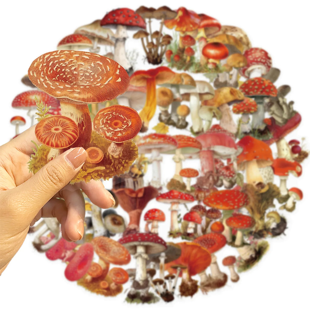 50-100PCS Cartoon Retro Mushroom Stickers Waterproof Transparent PET Decorative Guitar Notebook Stationery Stickers
