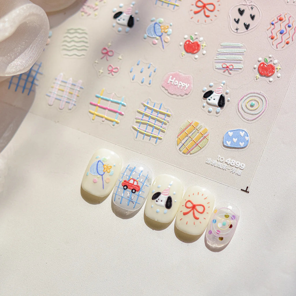 Cute Graffiti Lines Nail Art Stickers 5D Embossed Butterfly Rabbit Nail Art Accessory Stickers DIY Japanese Self Adhesive Decals