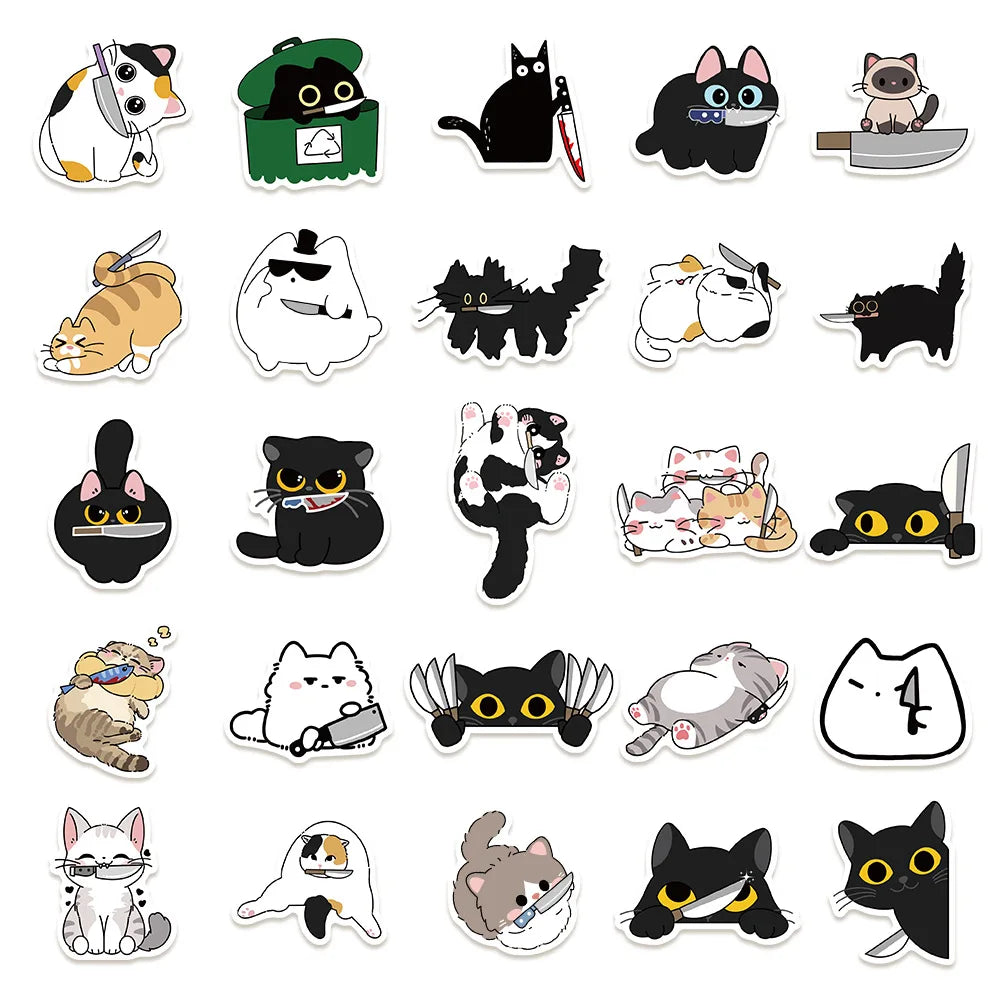 50/100PCS Cat with Knife Graffiti Stickers Cross border Cute Animals Cat DIY Phone Case Luggage Waterproof Stickers
