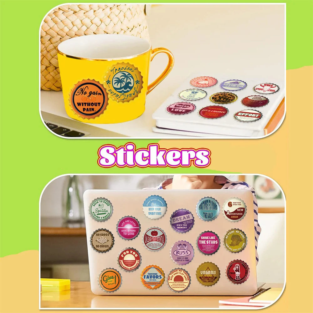 ‌50/100Pcs Retro Bottle Cap Stickers Unique Non-repeating Waterproof Decals for Fridge, Notebook, Guitar, Helmet, Car, Bicycle