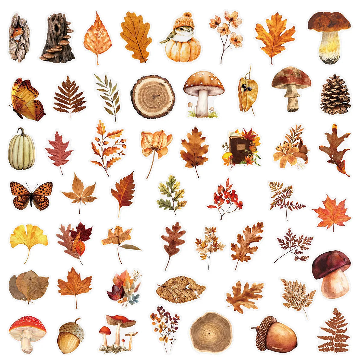 50/100PCS Cartoon Autumn Forest Plants Transparent PET Stickers Luggage Notebook Stickers