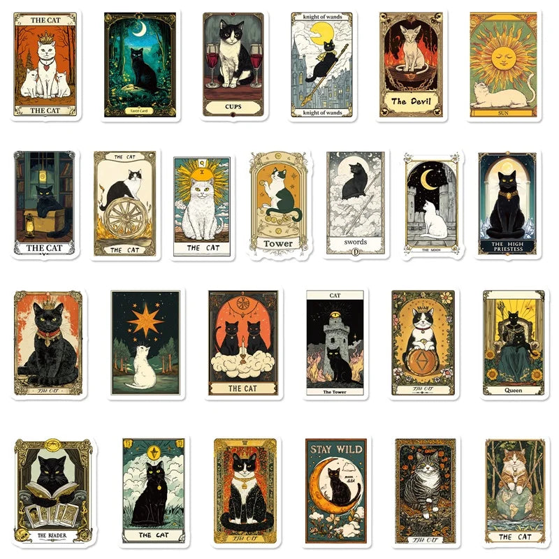 10/30/50PCS Vintage Tarot Cat Sticky PVC Sticker Aesthetic Children's Stationery DIY Decoration Scrapbooking School Supplies