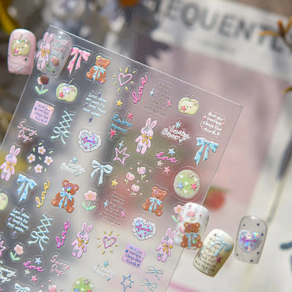 Rabbit and Bear Star Ribbon Ribbon Charms Nail Art Stickers 5D Reliefs Nail Sticker Cartoon Designs Adhesive Nail Decor Stickers