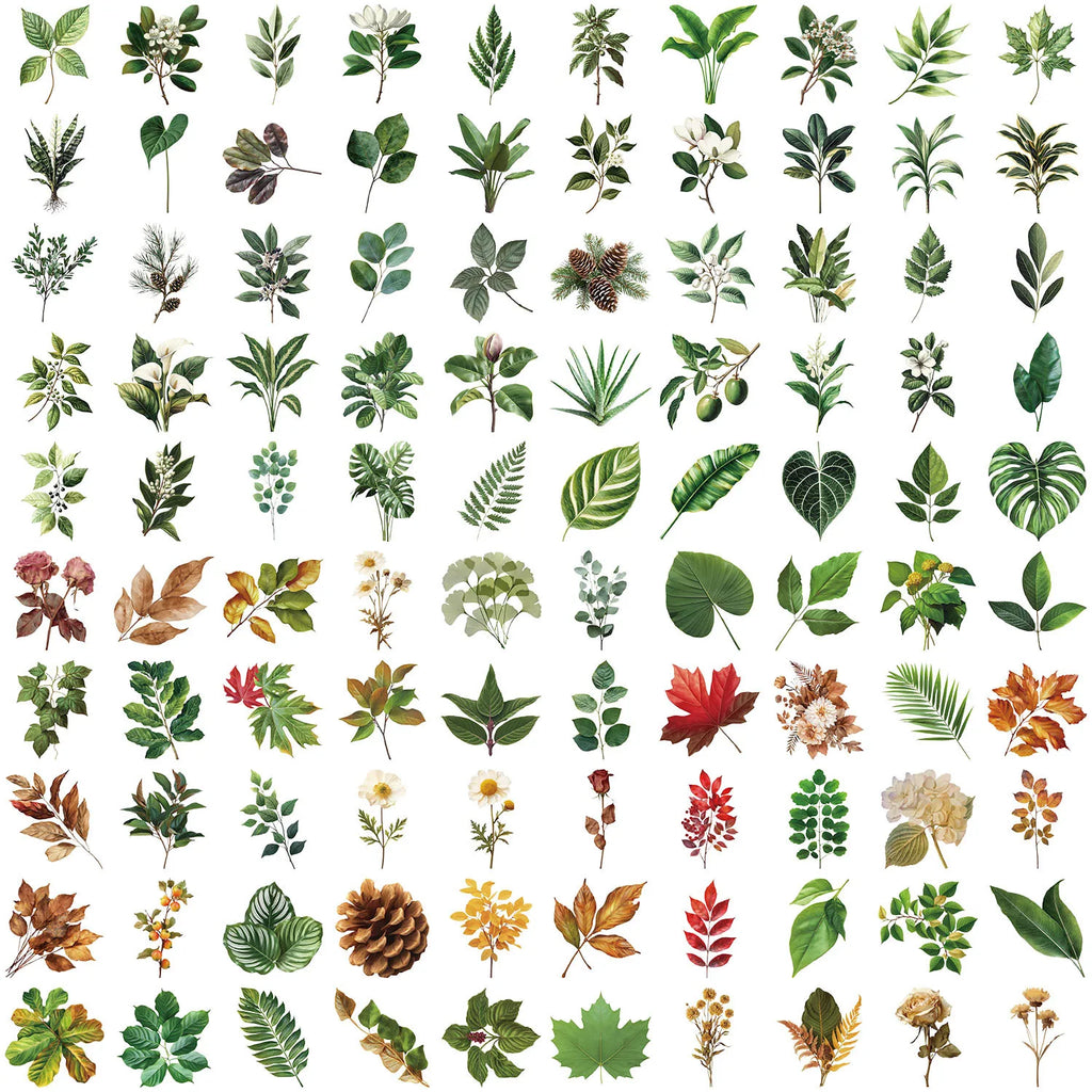 100PCS Green Plant Leaf Stickers Green Plant DIY Decor Phone Guitar Stationery Box Notebook Pen Holder Transparent PET Stickers