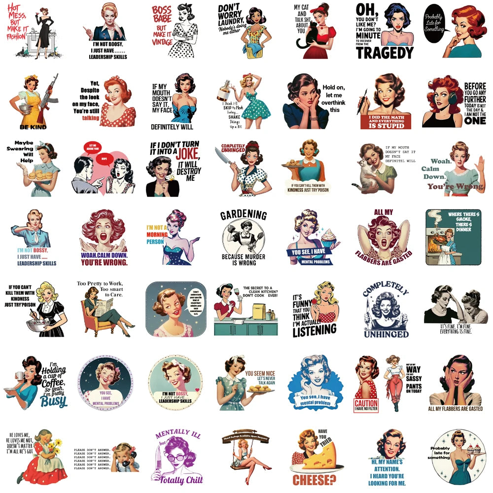 50PCS Retro 80s Woman Sarcastic Housewife Print Sticker Aesthetic Scrapbooking Graffiti Sticker Coffee Phone Greeting Stickers