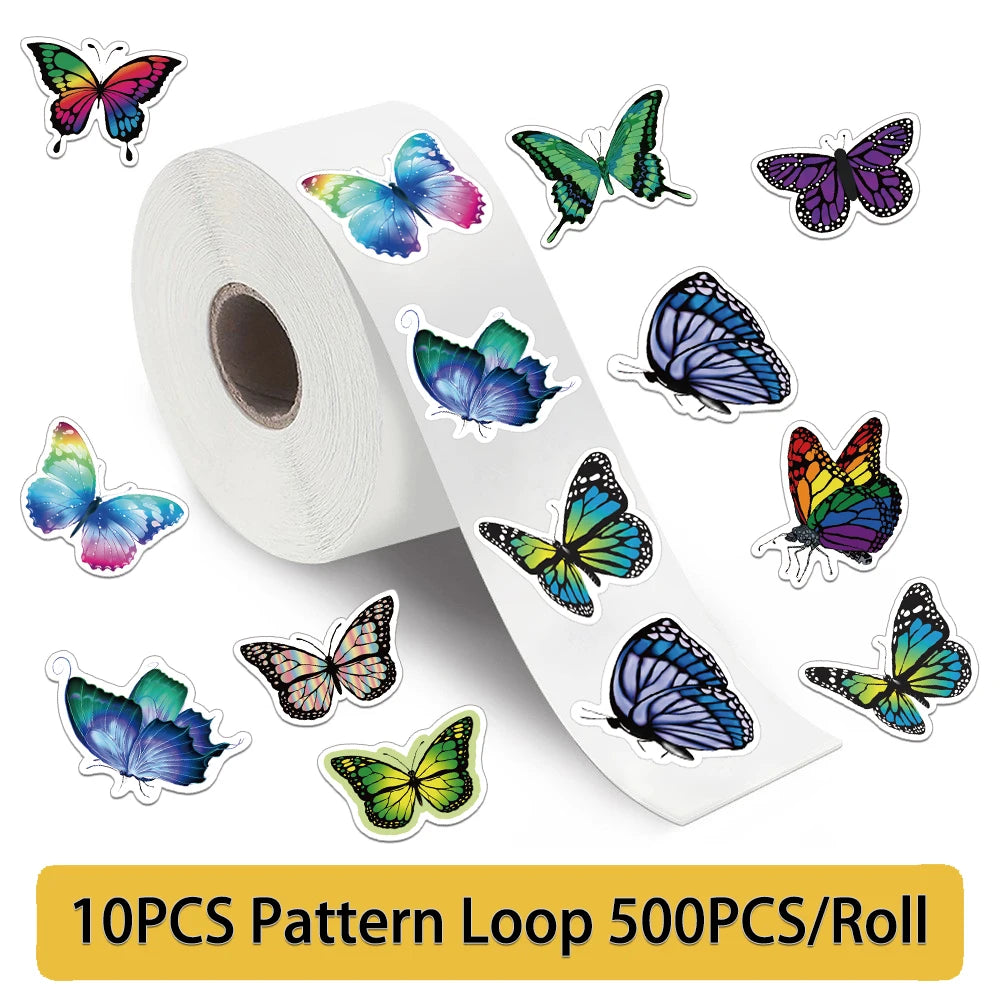 500Pcs/roll Cartoon Butterfly Stickers Luggage Decoration Cartoon Phone Graffiti Stationery Laptop DIY Cafe Creative Stiker