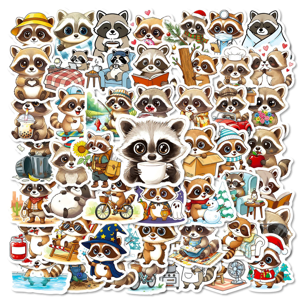 56/112 Pcs Cartoon Raccoon Theme Stickers Reusable for Reward Cup Stationery Box File Holder Desk Fridge Helmet