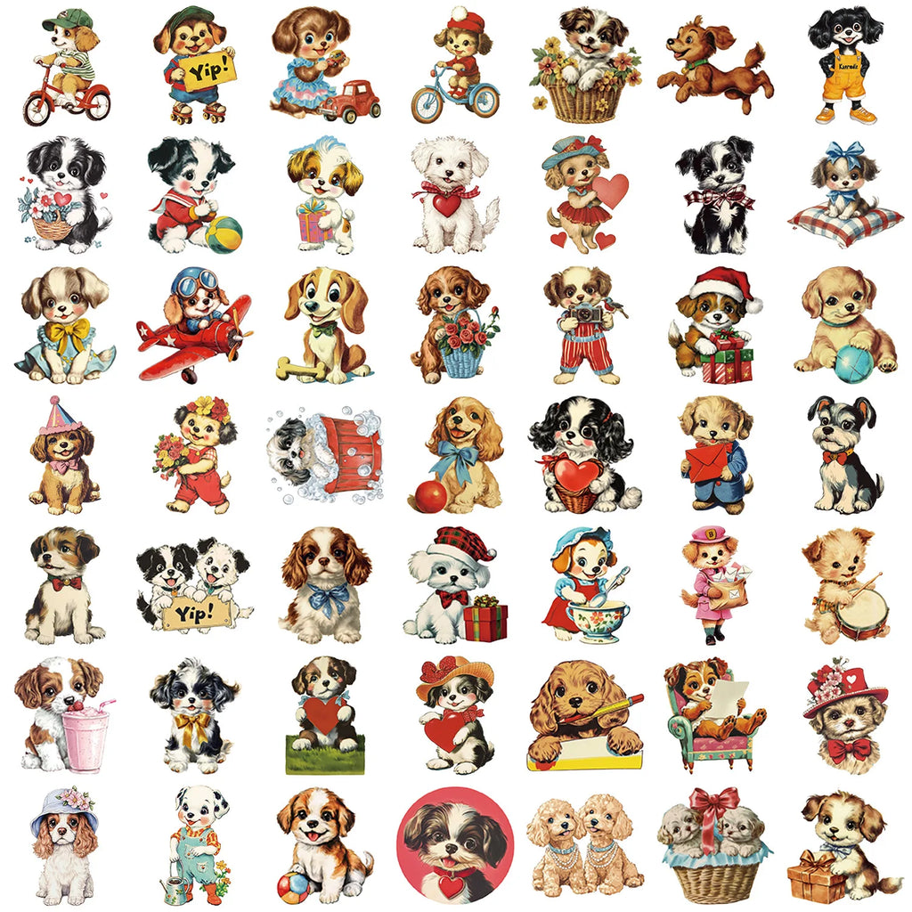 50PCS Transparent PET Retro Dog Stickers Waterproof Stationary Notebook Pencil Box Decorative Guitar Stickers
