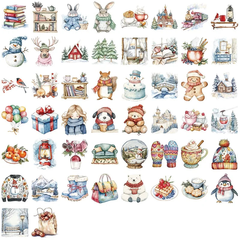 50PCS Kawaii Winter Animal PET Sticky Sticker Aesthetic Tear Open Children's Decoration Scrapbooking Stationery Supplies