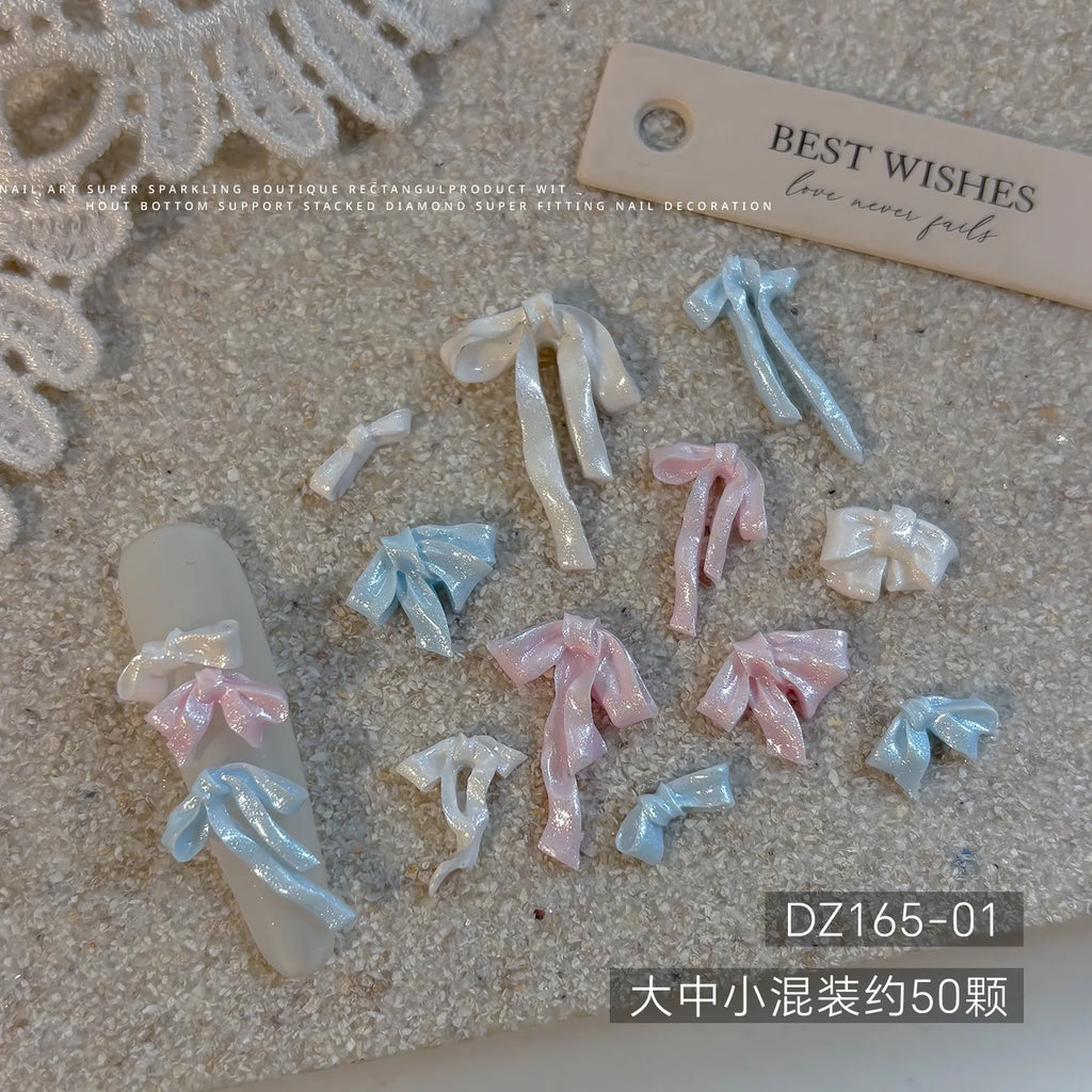 20pc Cute Pearlescent Soft Carving Ribbon Bow Nail Charms 2-21mm Mix Kawaii Bowknot Nail Rhinestones 3D Resin Manicure Accessory
