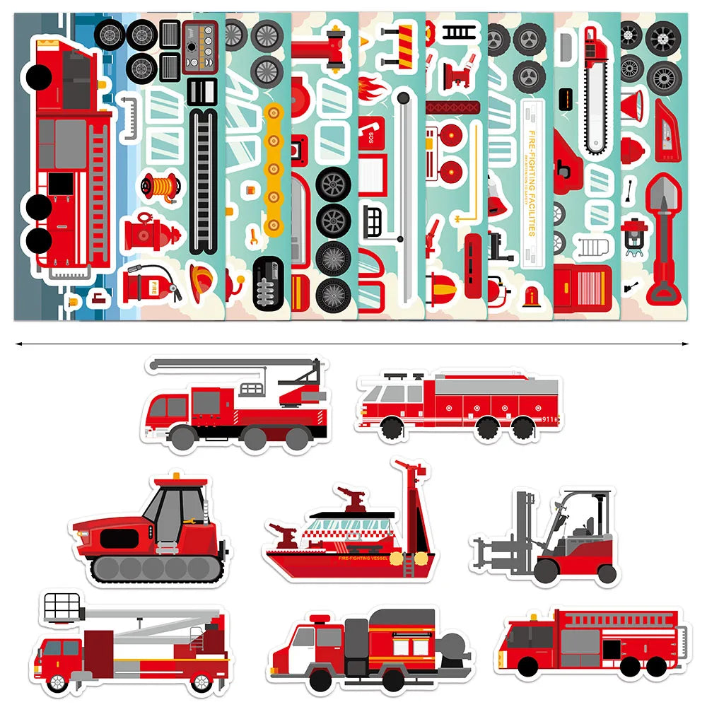 8PCS Fire Engineering Rescue Vehicle Creative Collage DIY, suitable for phone cases, tablets, and decorative toy stickers