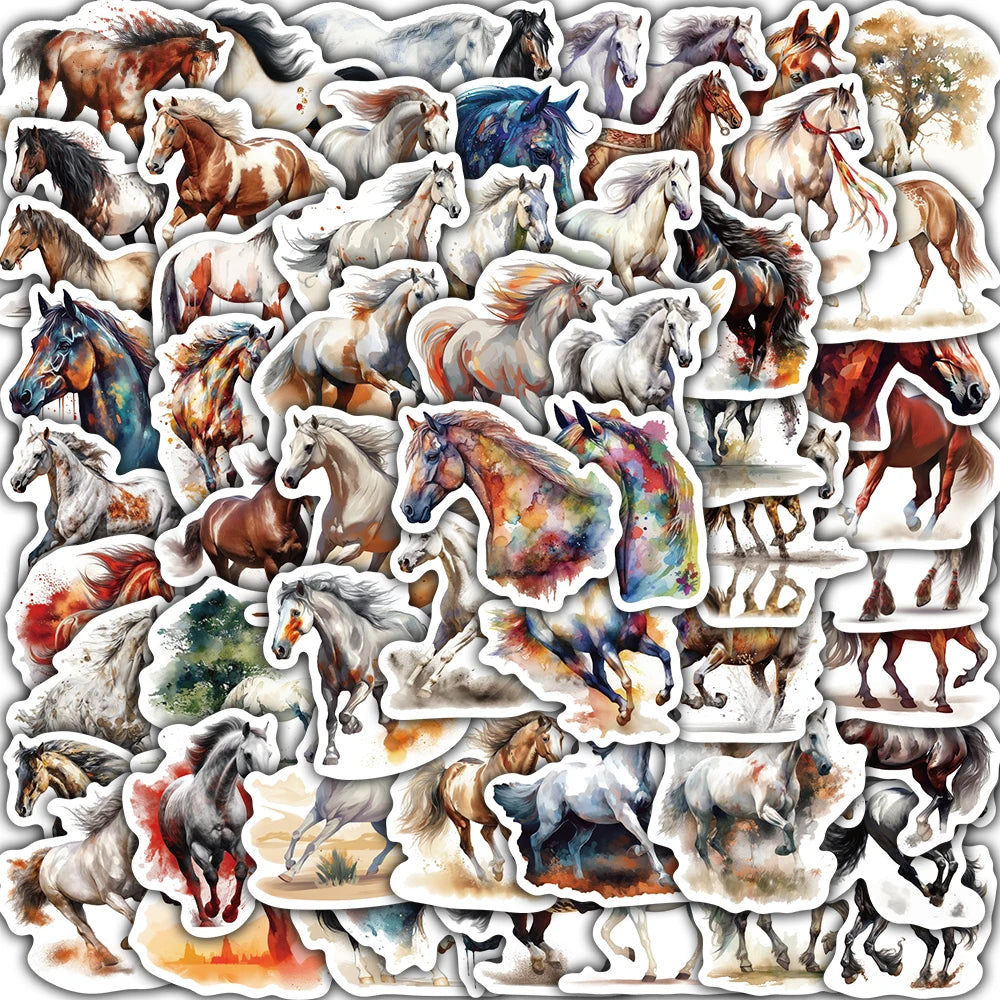 60PCS Dynamic Running Horse Sticker Oil Painting Horse Pattern Handmade Decoration Funny Landscaping Retro Animal Stickers
