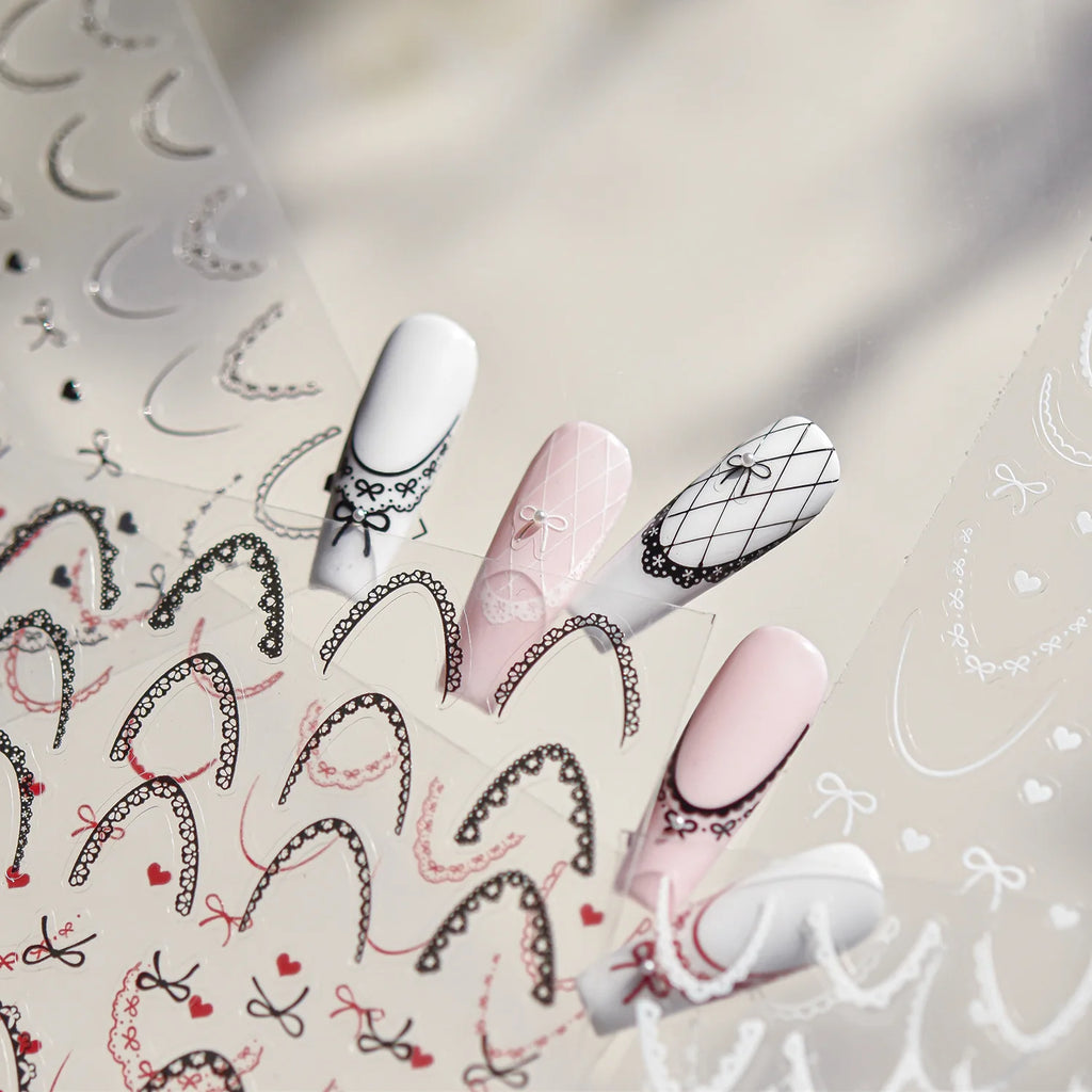 Lace French Nail Art Stickers 3D Thin and Tough Ballet-style Nail Decorations Stickers Colors French Bow Love Adhesive Decals