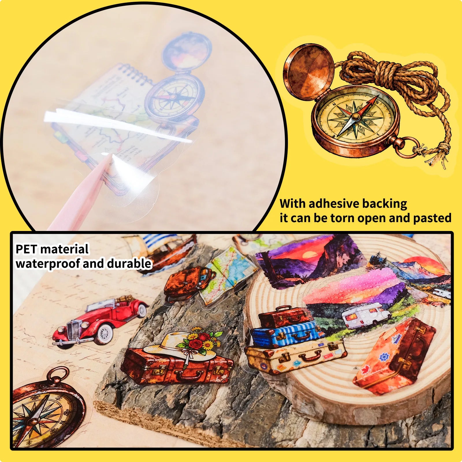 56Pcs Travel Outdoor Vintage PET Stickers, Watercolor Adventure Decals Children's Waterproof Stationery Notebook Stickers