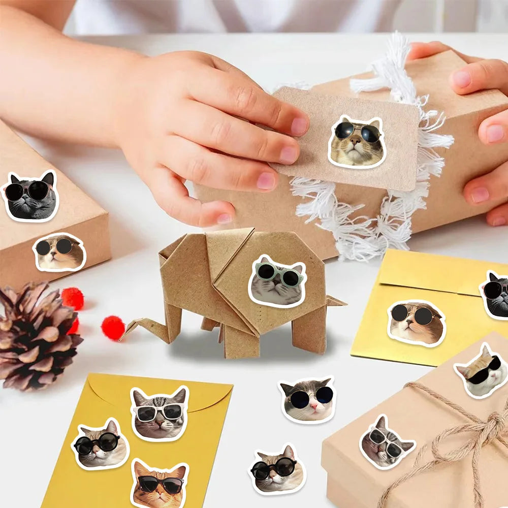 500PCS Roll Stickers Cute Cartoon Wearing Sunglasses Cat Head Decoration Reward Stationery Stickers for Children