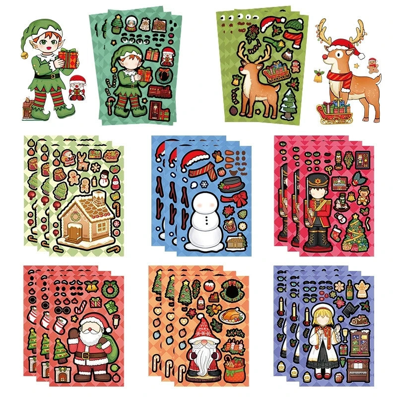 8/16/24PCS Cartoon Christmas Elk Santa Claus Stickers DIY Toy Puzzle Make a Face Graffiti Waterproof Stickers