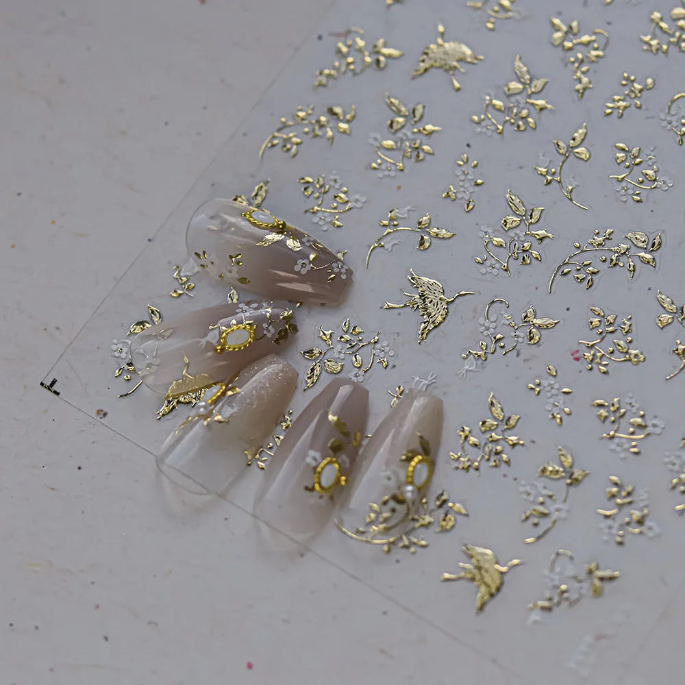 Luxury Metal Hand Painting Nail  Stickers Gold Silver Flowers Nail 3D Decorations Sticker DIY Adhesive Manicure Accessory Decals