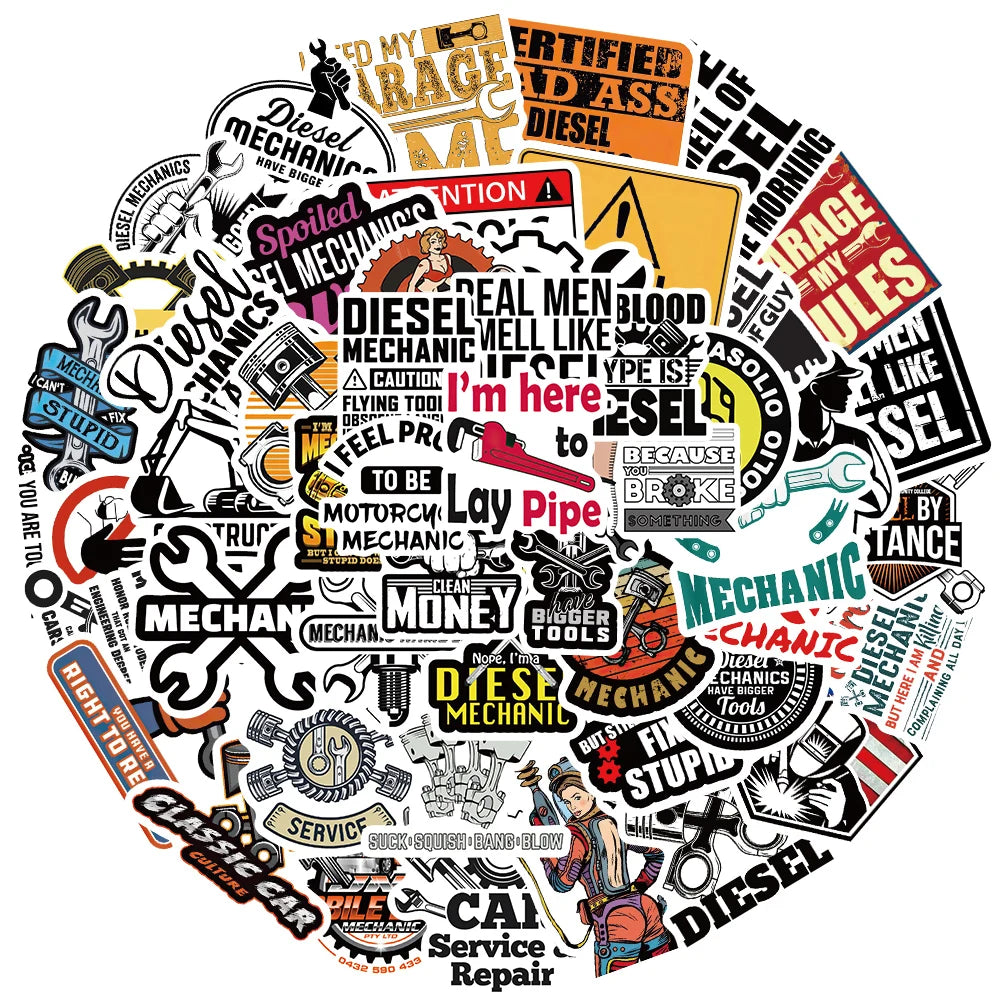 50PCS Diesel Mechanic Stickers Photocard Gift Art Picture Cartoon Laptop Luggage Skateboard Community Decoration Reward Sticker