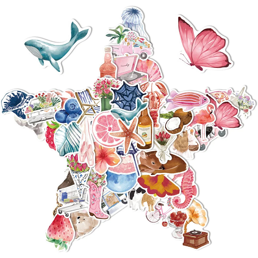 50PCS Watercolor Diary 2 Cartoon Ins Style DIY Stickers Sketchbook Phone Case Notebook Luggage Skateboard Waterproof Stickers