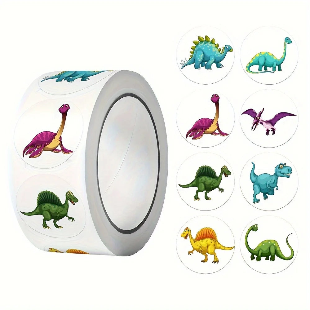 1Roll(500pcs) 1'' Round Cartoon Dinosaurs Stickers for Kids Teacher Reward School Supplies Animal Incentive Home Decor
