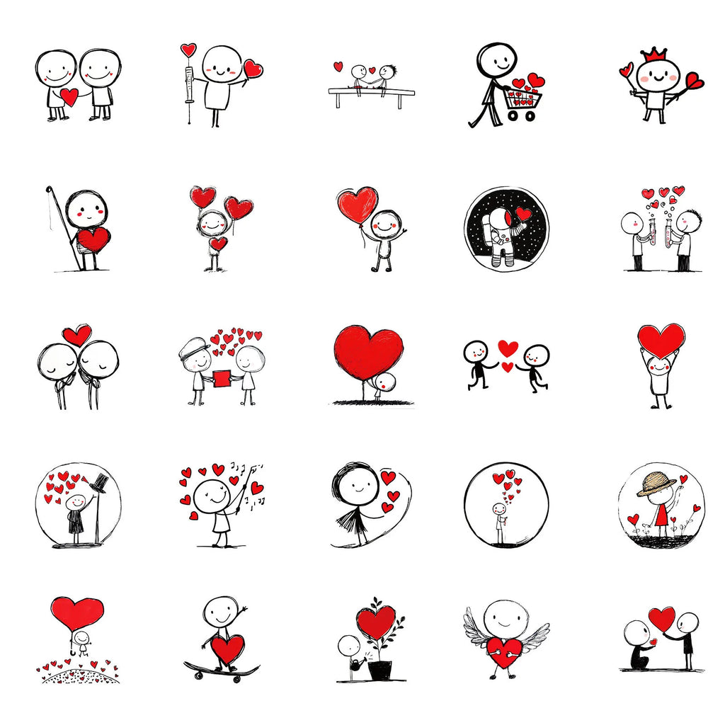 50PCS Simple Line Graffiti Stickers Red Heart Cartoon DIY Children Staionary Notebook Stickers