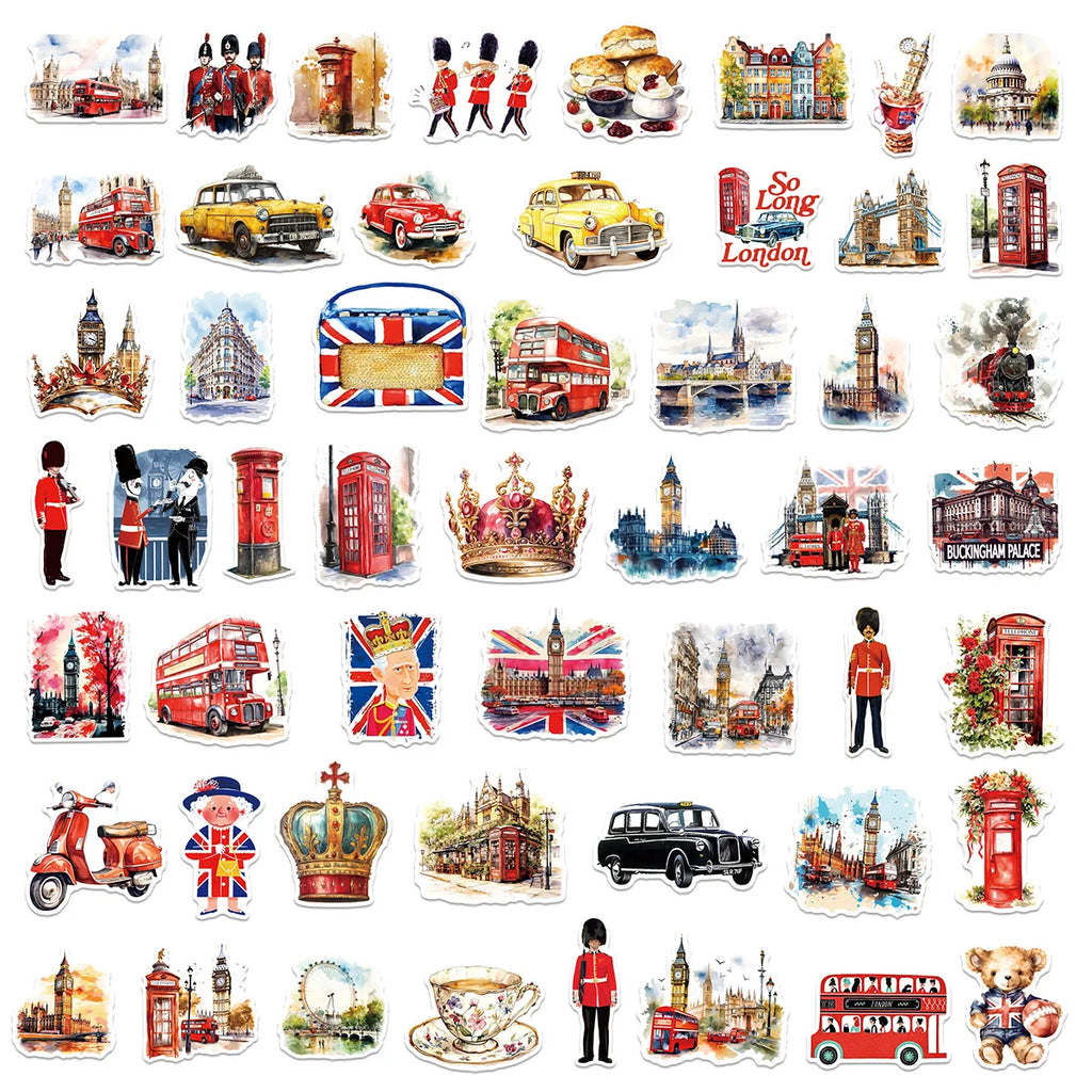50-Pack Watercolor London Scene Stickers Students Guitar Notebook Luggage DIY Waterproof Decals
