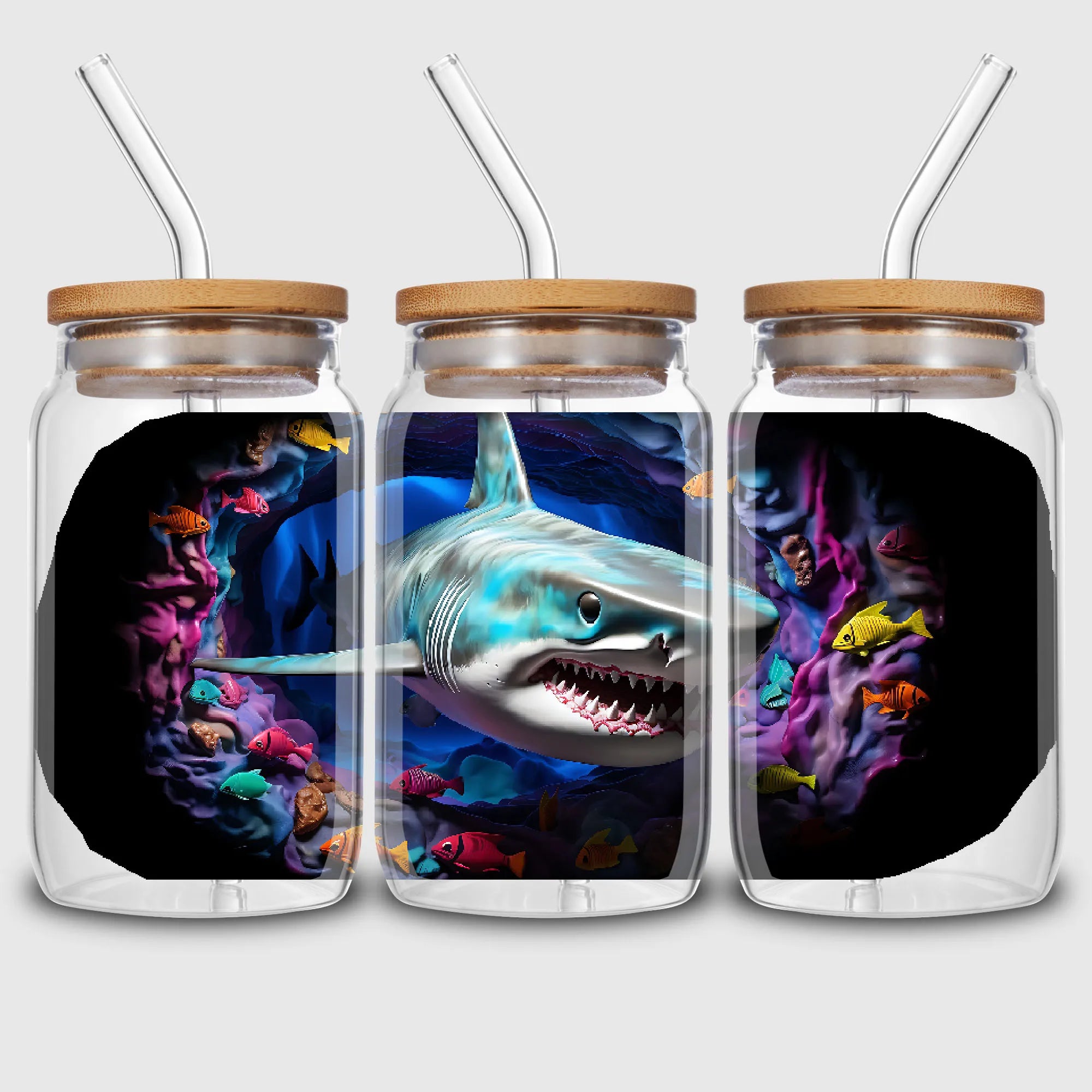 5 Sheets Shark UV DTF Cup Stickers, Glass Cup DTF Transfer Stickers, Waterproof Cartoon Wipeable Transfer Paper