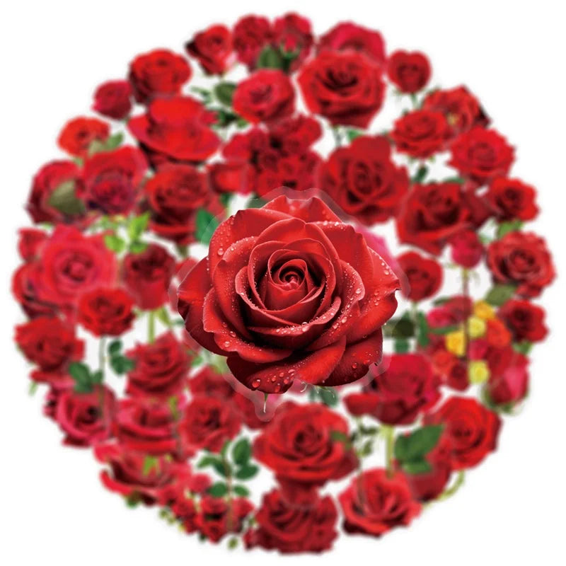 50PCS Kawaii Red Rose Flower PET Sticky Sticker Aesthetic Tear Open DIY Decoration Scrapbooking Stationery Supplies for Kids