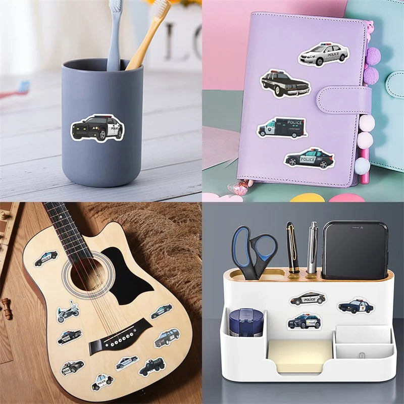 10/30/60PCS Kawaii Police Car PVC Sticky Stickers Aesthetic DIY Colored Phone Laptop Luggage Skateboard Graffiti Decals