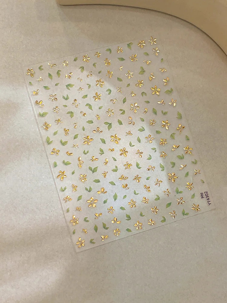 Golden Green Leaf Flower Nail Art Stickers Exqusitive 3D Five-petal Flower Nail Decorations DIY Adhesive Nail Decals Accessories