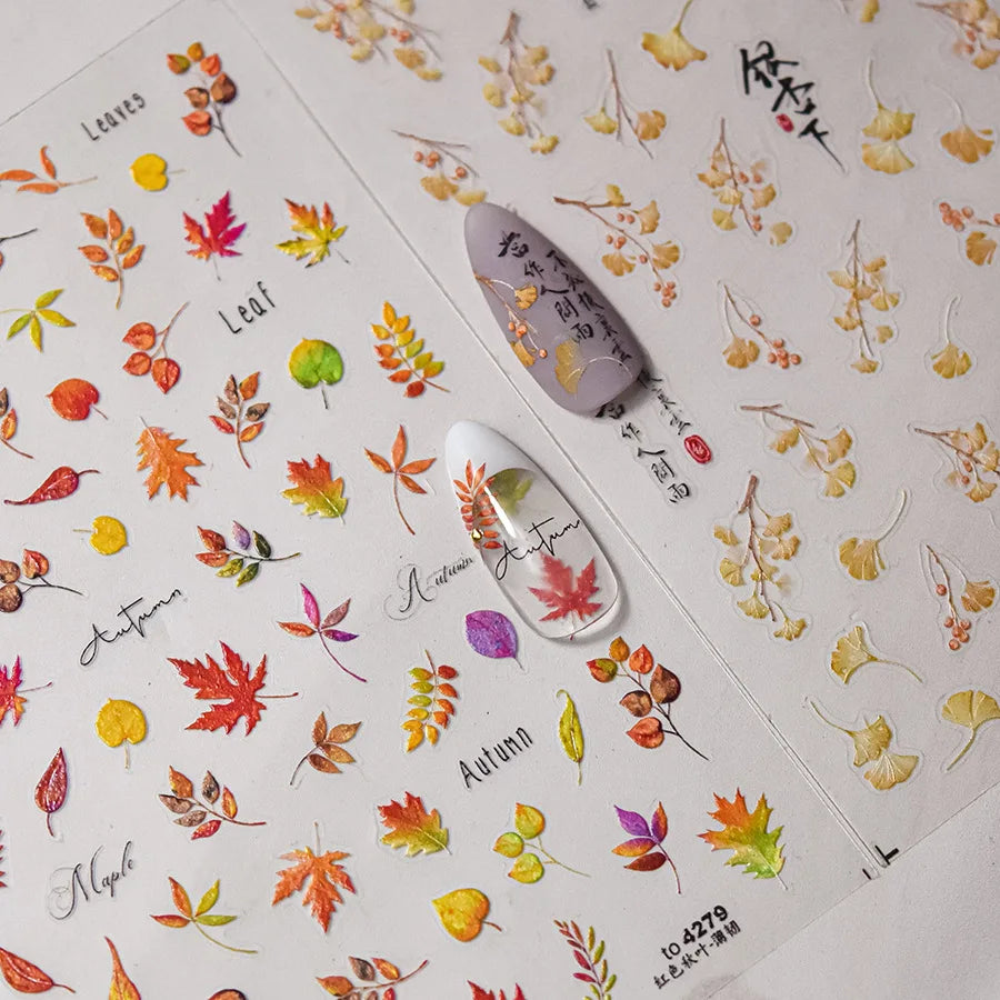 Autumn Fall Nail Art Maple Leaf Stickers 3D Red Leaves Stickers For Nails Art DIY Self Adhesive Manicure Decoration Decals DIY