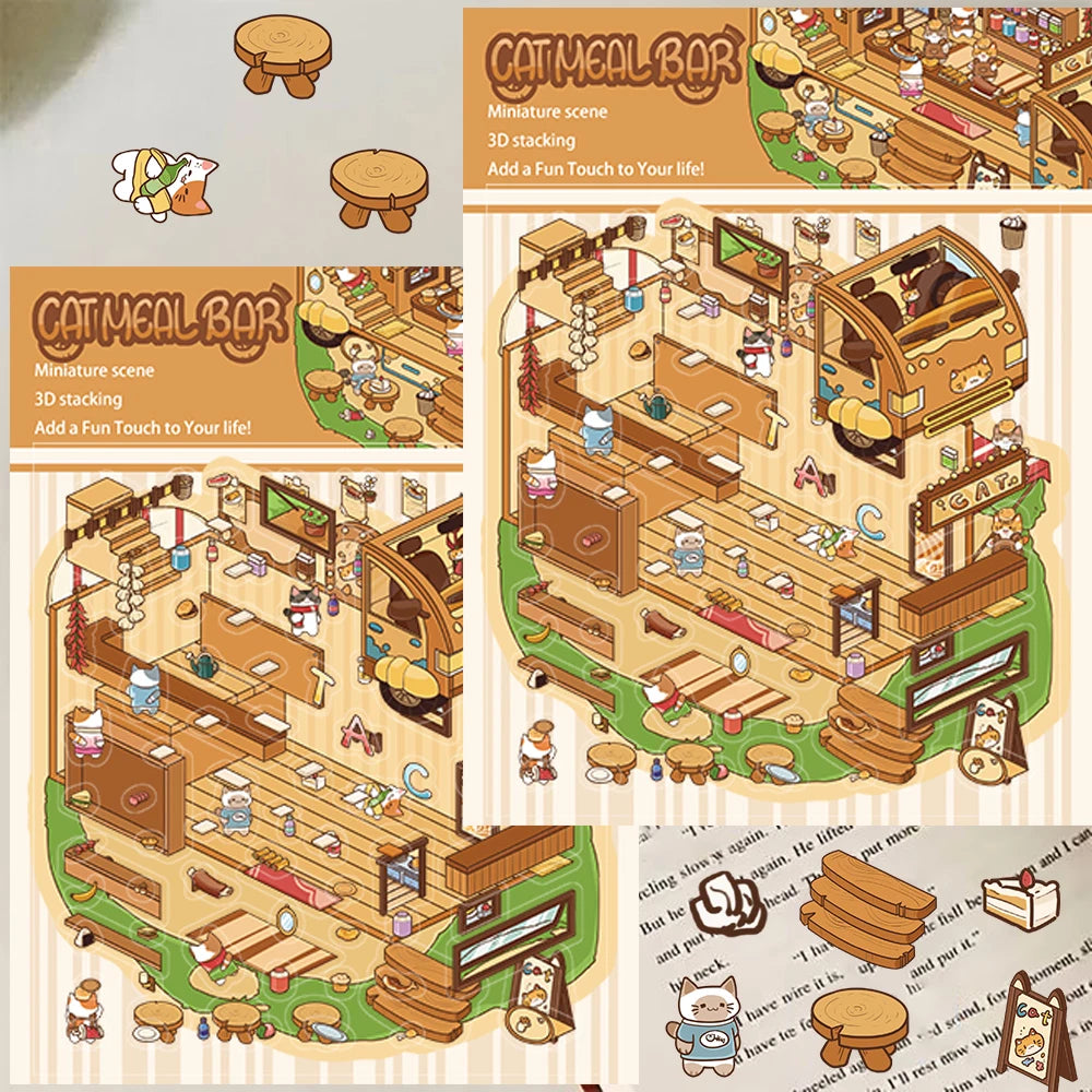 2PCS Cat Meal Bar Landscape Landscaping DIY Scene Stickers Art Picture Scrapbook Cafe Living Room Personalized Nostalgia Sticker