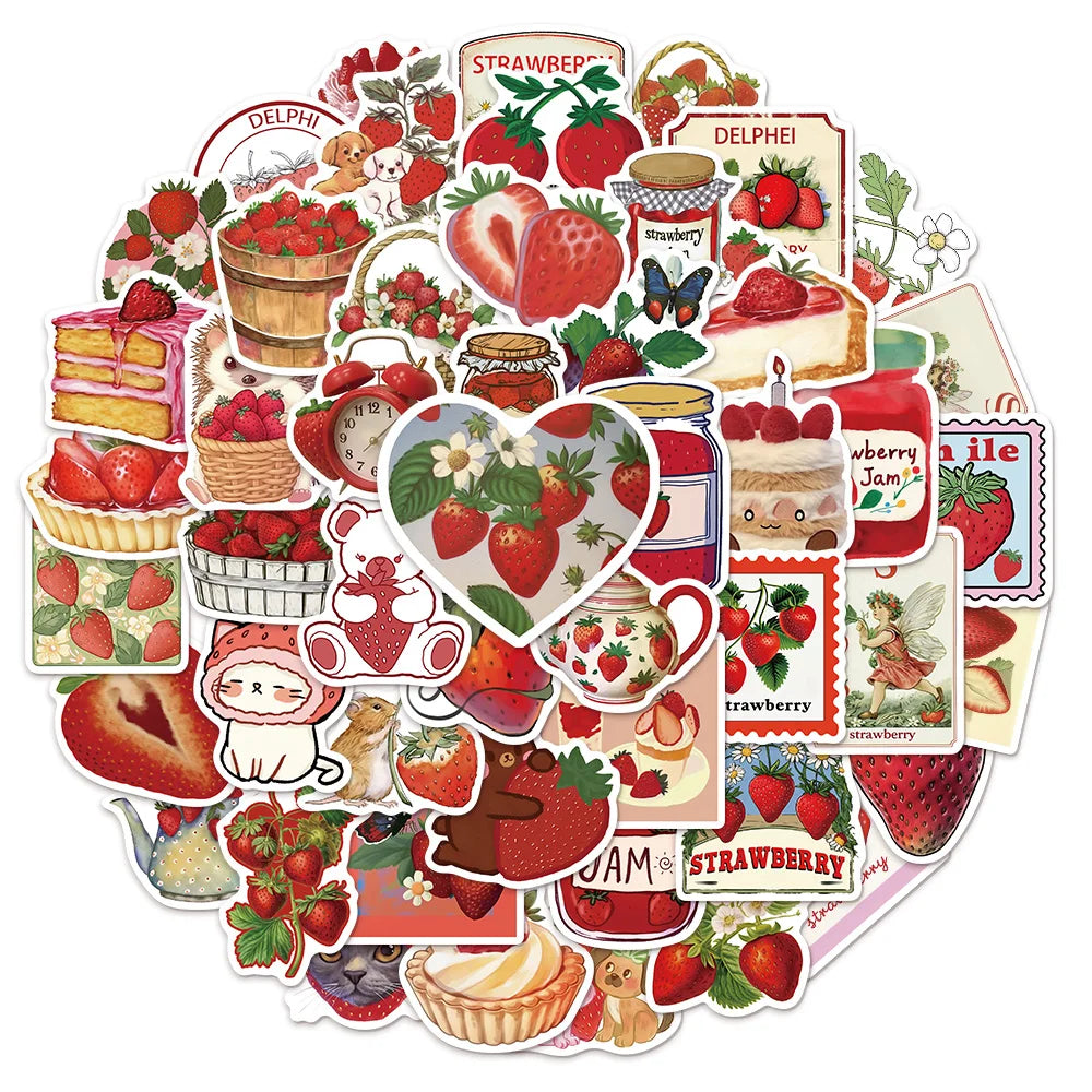 50PCS Red Strawberry Ins Fun DIY Stickers Scrapbook Manual Mobile Luggage Skateboard Waterproof Stickers