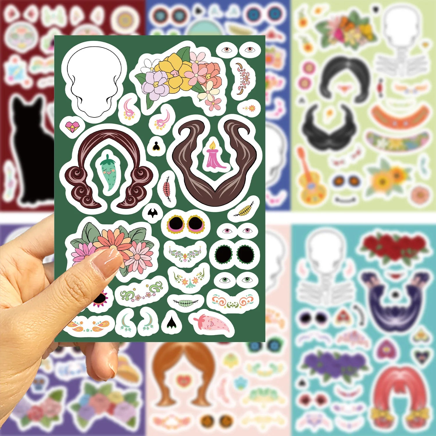 8/16/24PCS Toy Puzzle Stickers Mexican Day of the Dead Make a Face Stickers DIY Handicrafts Waterproof Stickers