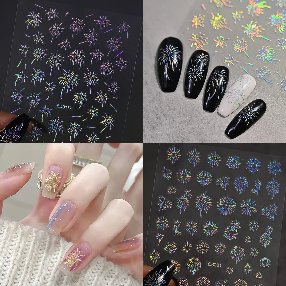 Laser Firework Nail Stickers 3D Self-Adhesive Blooming Fireworks Nail Art Decals New Year Firework Nail Decorations Slider 1pcs