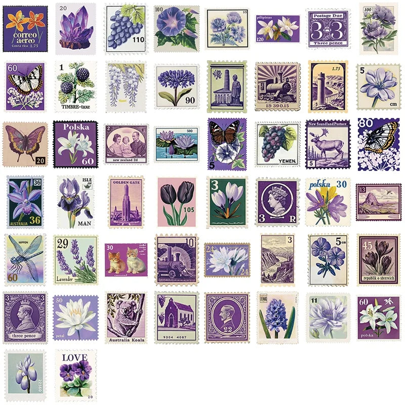 10/30/50PCS Vintage Purple Stamps PVC Sticky Sticker Aesthetic DIY Children's Decoration Scrapbooking School Supplies