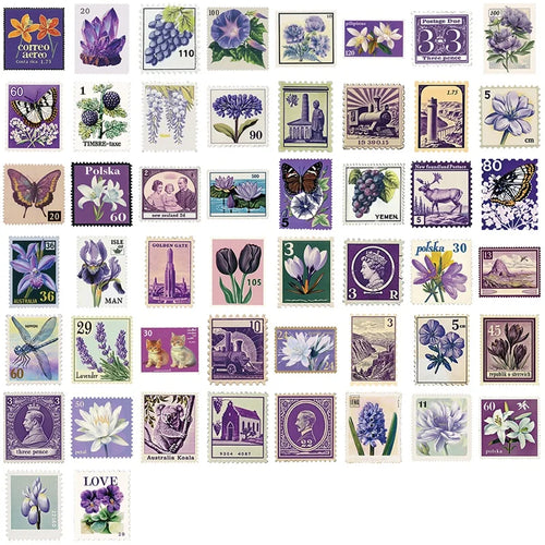 10/30/50PCS Vintage Purple Stamps PVC Sticky Sticker Aesthetic DIY Children's Decoration Scrapbooking School Supplies