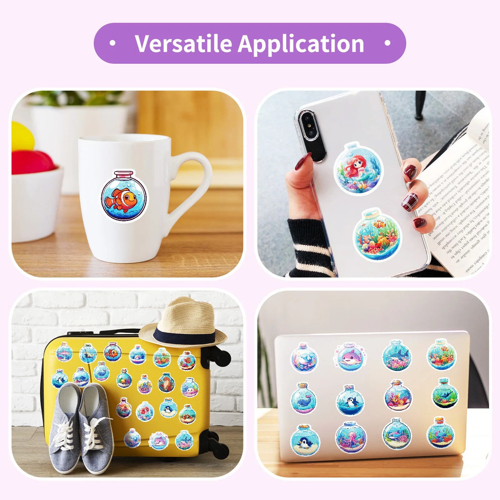 50-Pack Round Underwater World Cartoon Ocean Creature Stickers for Student Stationery Notebook Diary Luggage Decoration